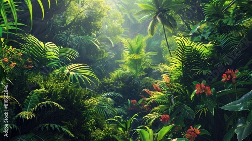 A lush tropical rainforest teeming with diverse flora and fauna  a vibrant ecosystem thriving in harmony.