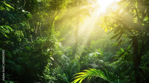 A lush green forest with sunlight filtering through the canopy, highlighting a vibrant ecosystem.