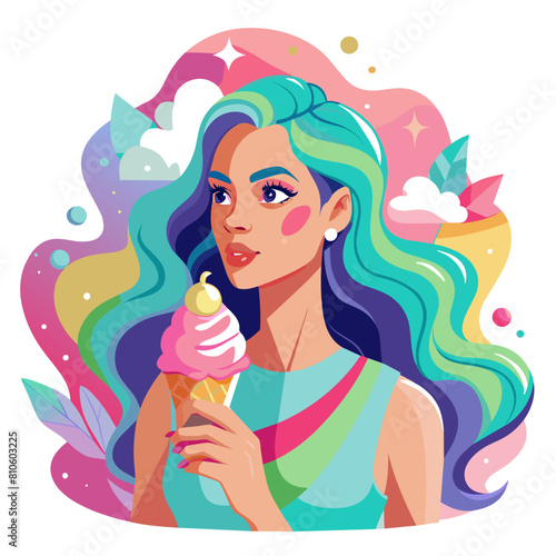 Beautiful Girl with ice cream cone colorful watercolor illustration 