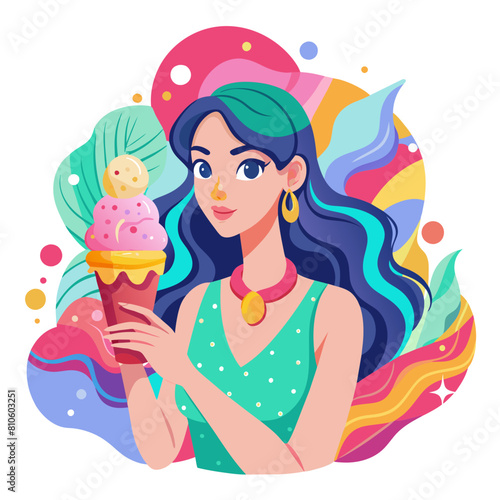 Beautiful Girl with ice cream cone colorful watercolor illustration 