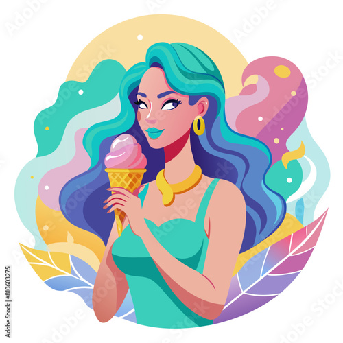 Beautiful Girl with ice cream cone colorful watercolor illustration 