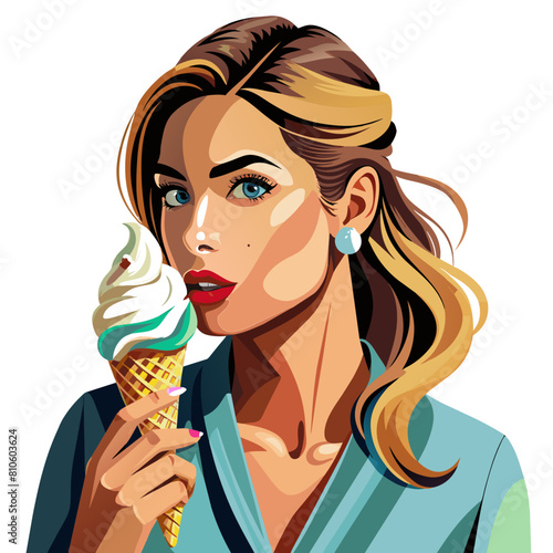 Beautiful Girl with ice cream cone colorful watercolor illustration 