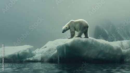 A lone polar bear standing on a melting iceberg, a poignant reminder of the impact of climate change on Arctic habitats.