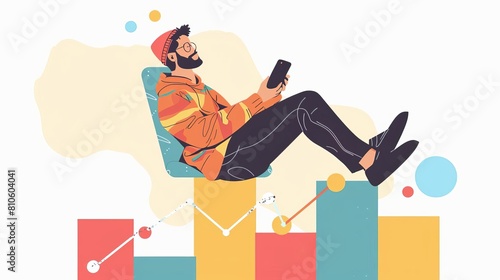 A casual millennial scrolling on his phone while lounging on the top bar of his cryptocurrency portfolio chart