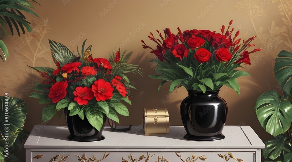 Shiny botanical plant with glossy bouquets of flowers and leaves in golden red and black, isolated on a background as a luxurious decorative piece for a lovely summer. Shiny botanical plant with glossy bouquets of flowers and leaves in golden red and black, isolated on a background as a luxurious decorative piece for a lovely summer.