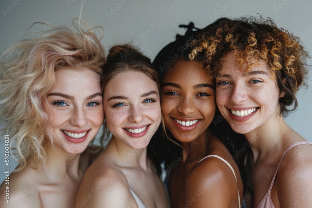 Four women with different hair colors and styles are smiling for the camera Four women with different hair colors and styles are smiling for the camera
