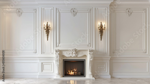 Ornamental wall sconces framing a grand fireplace, viewed from the front against a white backdrop, exuding sophistication and refinement in a classical setting. photo