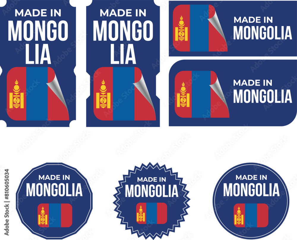 Fototapeta premium Made in Mongolia. Mongolia flag, Tag, Seal, Stamp, Flag, Icon vector