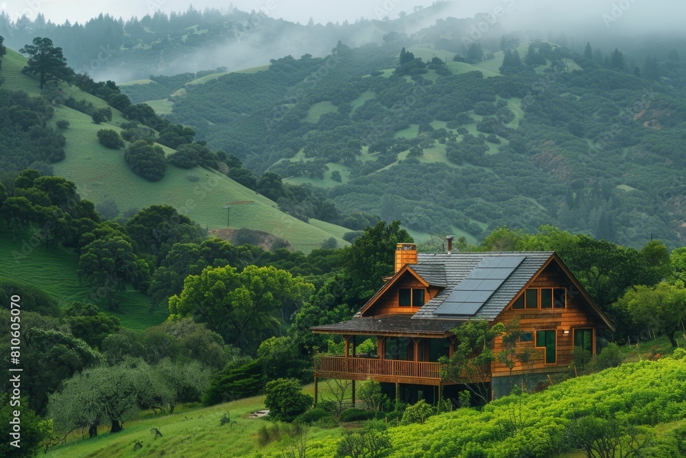 A house sits on a hillside in a lush green valley