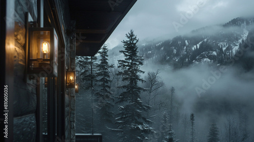 Peer through mist to see a mountain lodge with industrial-style outdoor wall sconces, offering modern comfort in the wilderness. photo