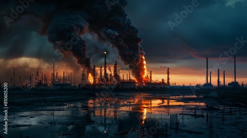 Ominous Industrial Inferno: Pollution, Smoke, and Fire at Dusk  © zhOngphO