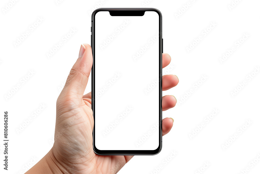 Hand holding a mockup smartphone with blank screen on transparent background. For marketing, app design, technology and connectivity concept. Hand holding a mockup smartphone with blank screen on transparent background. For marketing, app design, technology and connectivity concept.