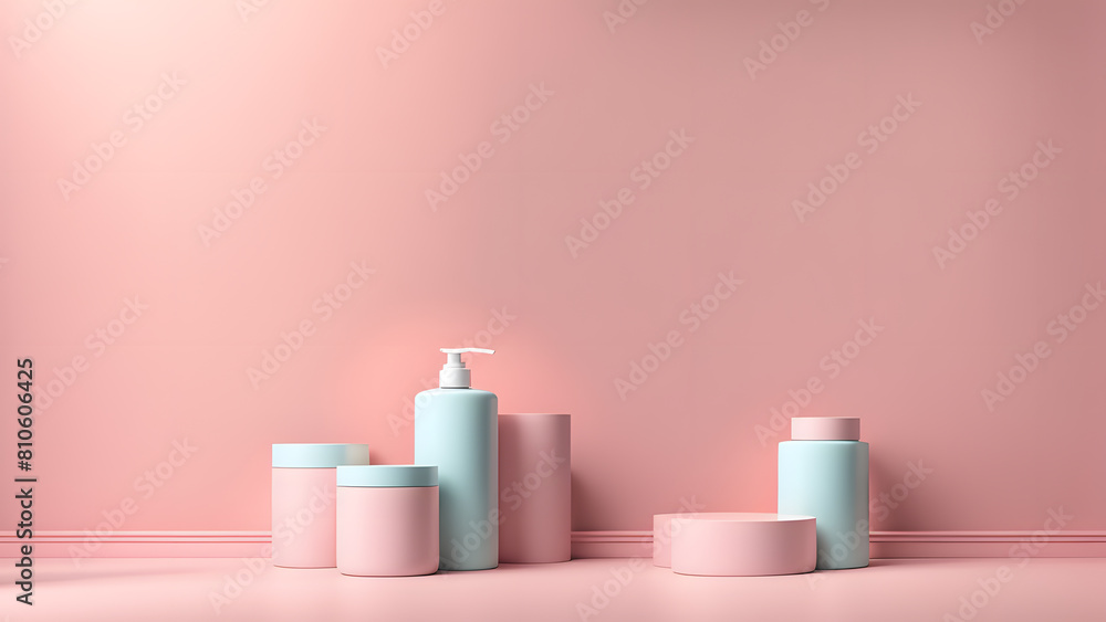 a pink room with a lot of bottles and containers a pink room with a lot of bottles and containers