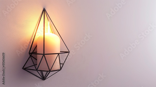 A modern geometric wall sconce holding a softly glowing candle, captured from the front against a white background, offering a sleek accent to a contemporary space. photo