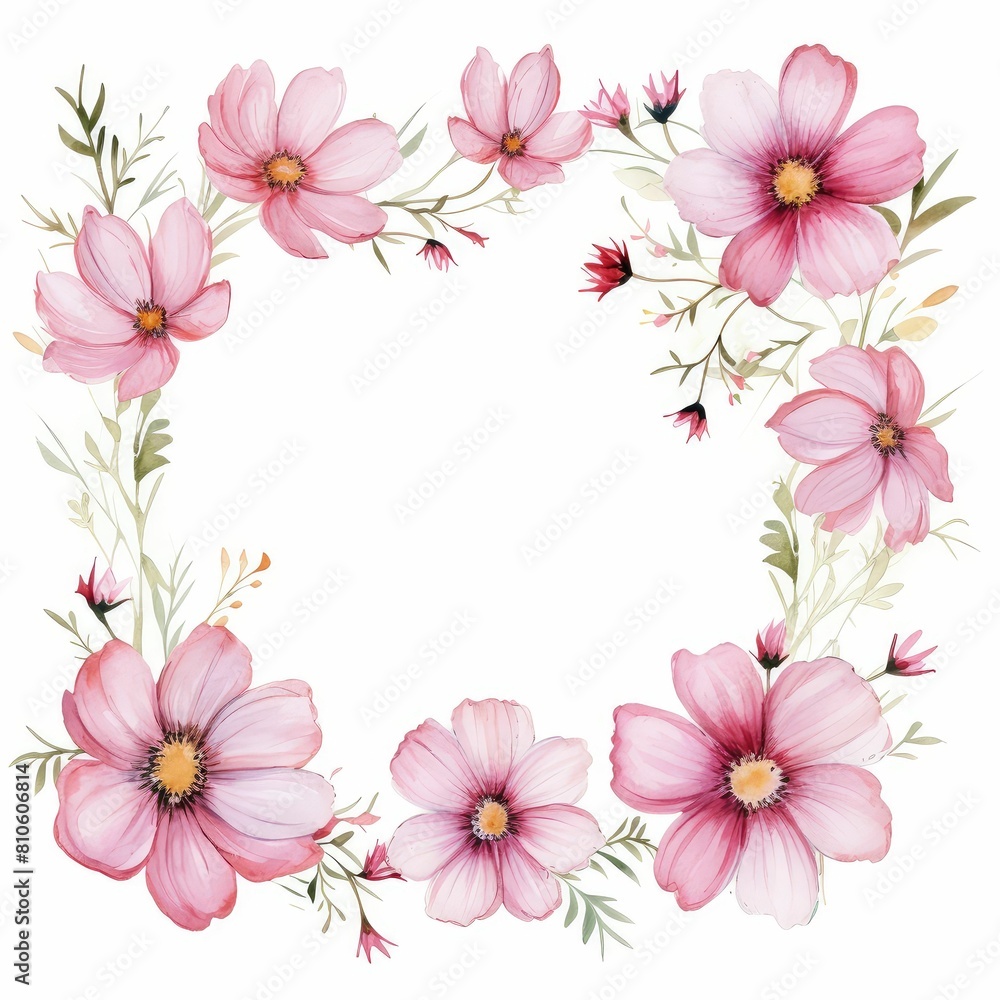 cosmos themed frame or border for photos and text. delicate pink and white. watercolor illustration, Floral wedding invitation template. cosmos themed frame or border for photos and text. delicate pink and white. watercolor illustration, Floral wedding invitation template.
