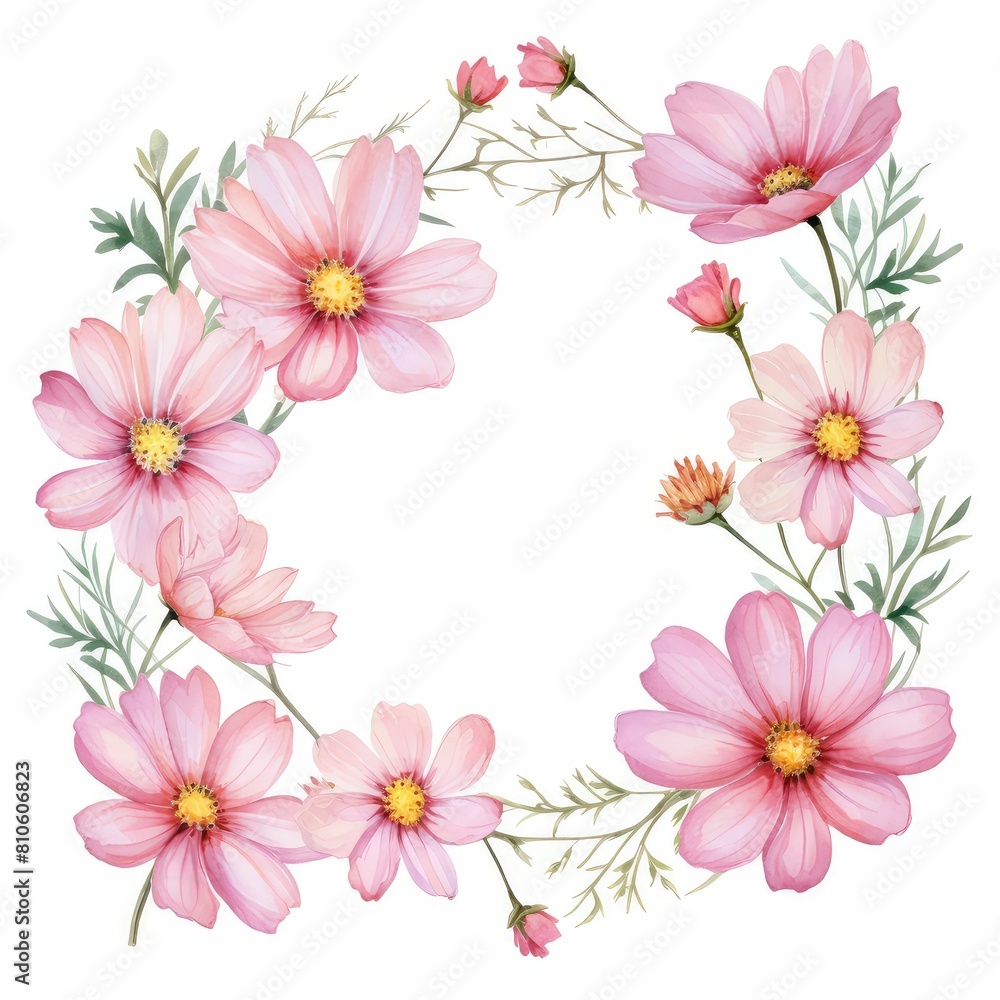 cosmos themed frame or border for photos and text. delicate pink and white. watercolor illustration, Floral wedding invitation template. cosmos themed frame or border for photos and text. delicate pink and white. watercolor illustration, Floral wedding invitation template.
