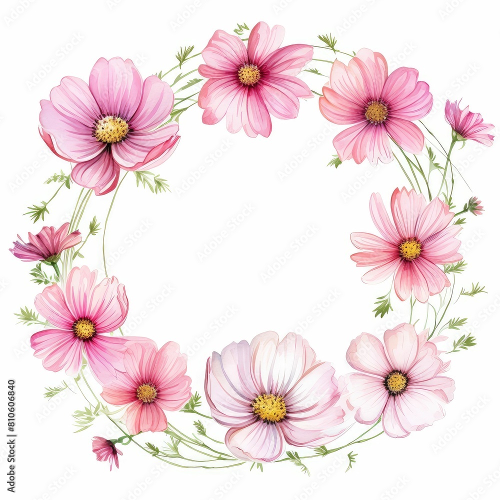 cosmos themed frame or border for photos and text. delicate pink and white. watercolor illustration, Floral wedding invitation template. cosmos themed frame or border for photos and text. delicate pink and white. watercolor illustration, Floral wedding invitation template.