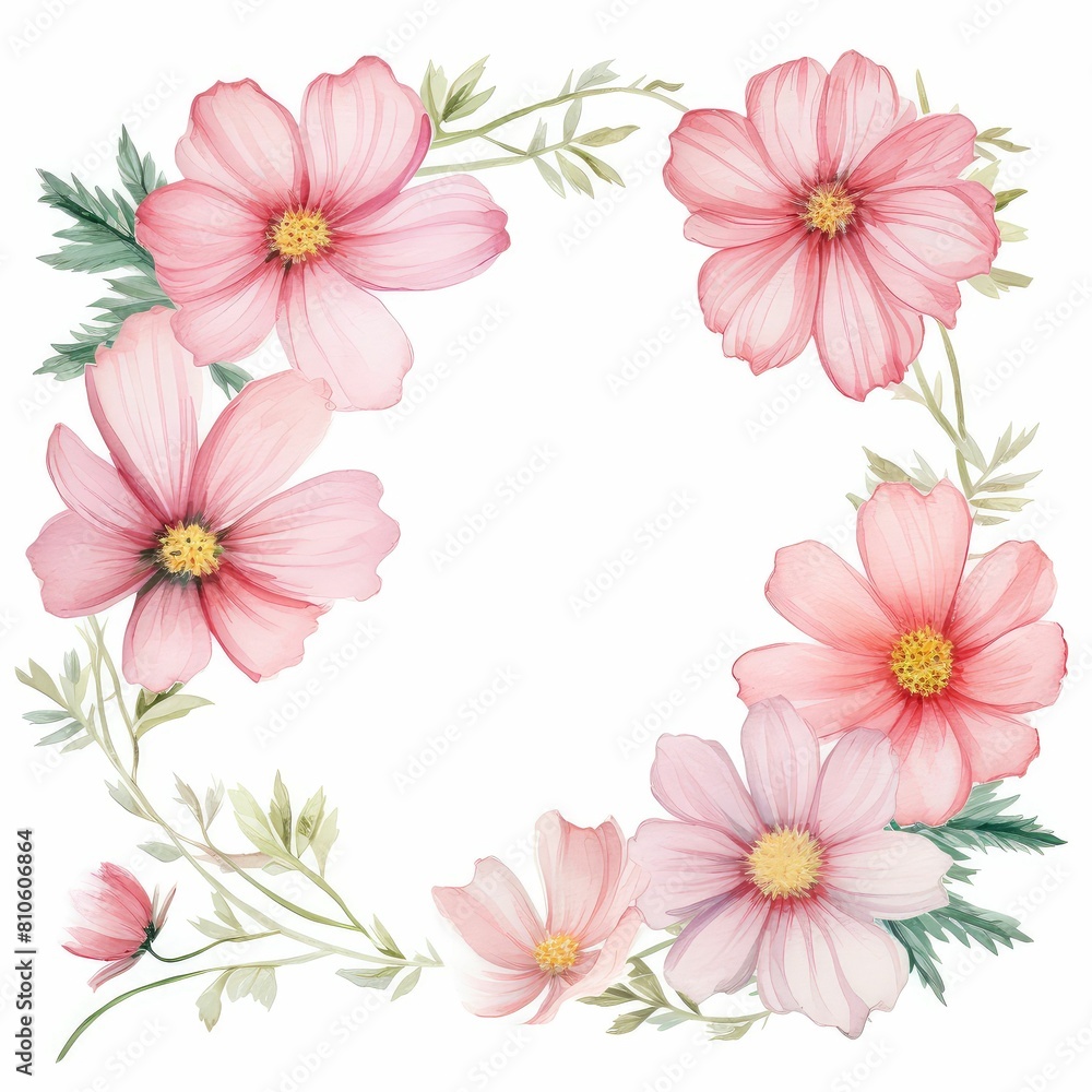 cosmos themed frame or border for photos and text. delicate pink and white. watercolor illustration, Floral wedding invitation template. cosmos themed frame or border for photos and text. delicate pink and white. watercolor illustration, Floral wedding invitation template.