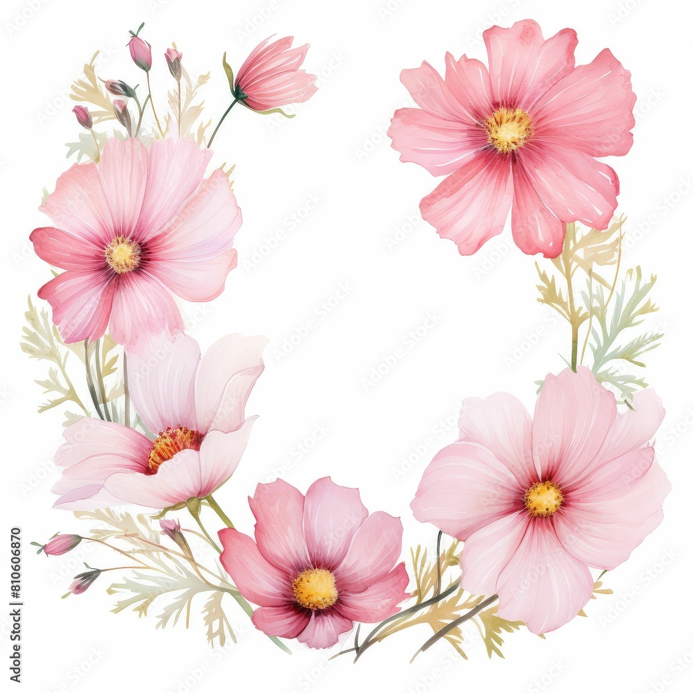 cosmos themed frame or border for photos and text. delicate pink and white. watercolor illustration, Floral wedding invitation template. cosmos themed frame or border for photos and text. delicate pink and white. watercolor illustration, Floral wedding invitation template.
