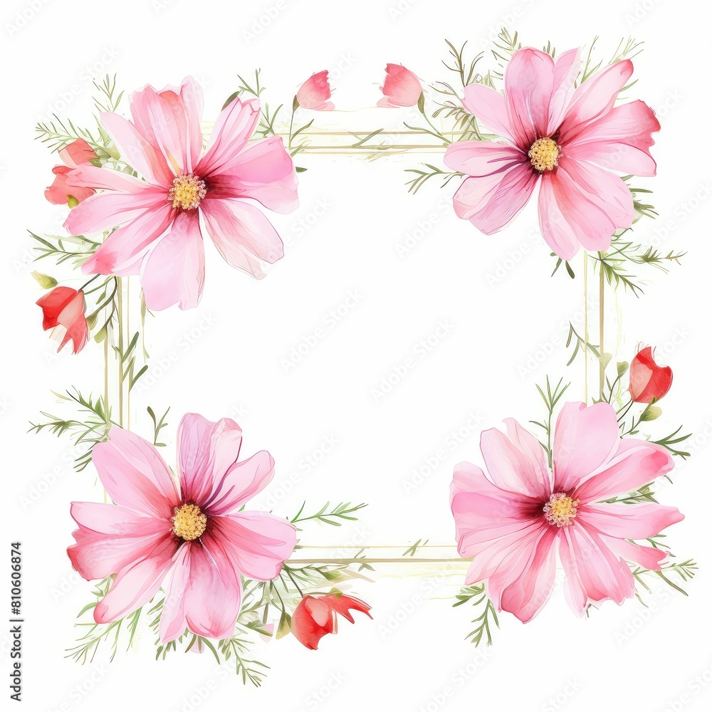 cosmos themed frame or border for photos and text. delicate pink and white. watercolor illustration, Floral wedding invitation template.