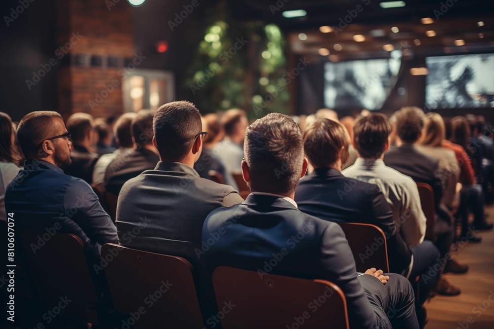 Stylish business conference with audience in the hall and speaker, view from behind crowd of people sitting together during presentation or educational talk for company employees. Generative ai Stylish business conference with audience in the hall and speaker, view from behind crowd of people sitting together during presentation or educational talk for company employees. Generative ai