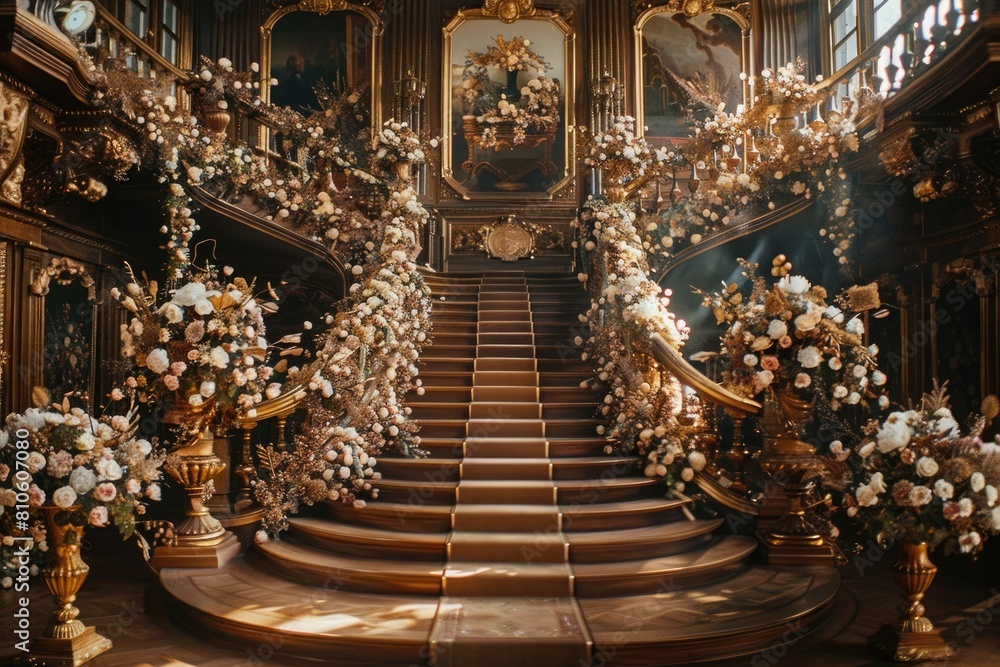 A grand, opulent staircase adorned with intricate floral arrangements and golden accents.