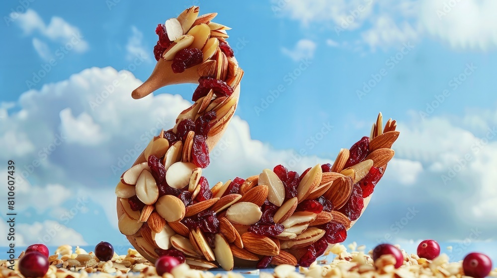 A graceful swan formed with dried cranberries and almonds against a serene sky blue setting.
