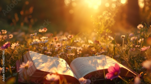 An Open Book Amidst Blooming Flowers at Sunset

