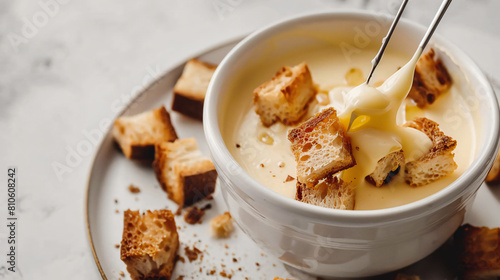 Sticks with croutons dipped into cheese fondue on ligh