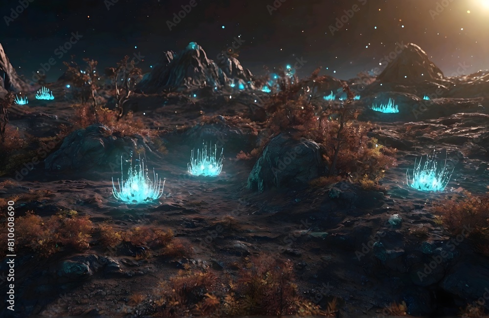 abstract Glowing particle Sparkles on alien planet landscape forest 3d rendering v3