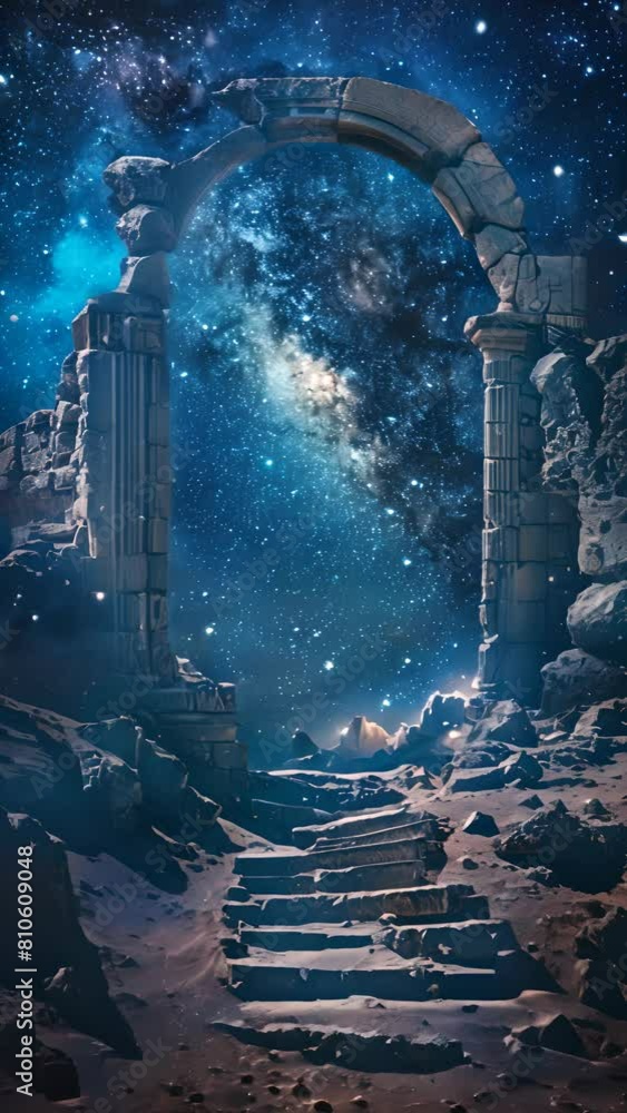 A dark, starry night sky with a large archway in the middle. The ...