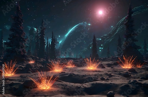 abstract Glowing particle Sparkles on alien planet landscape forest 3d rendering v3