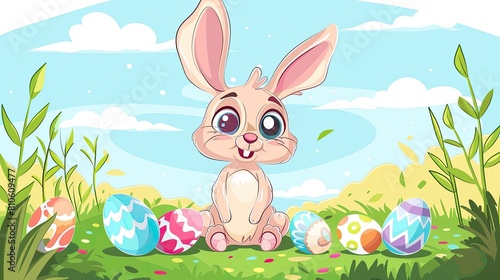 Cute cartoon bunny sitting in a clearing with Easter eggs  