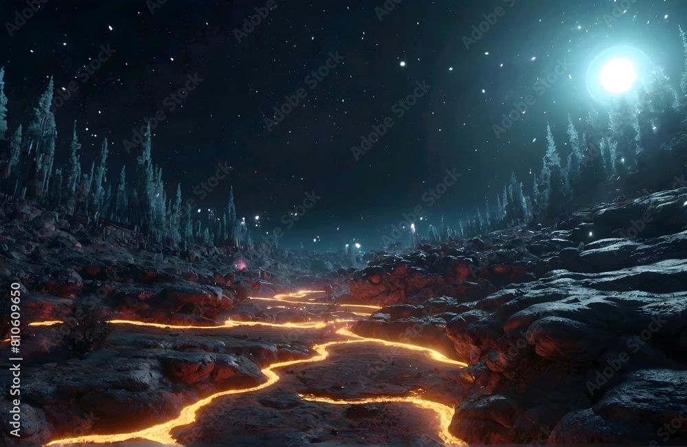 abstract Glowing particle Sparkles on alien planet landscape forest 3d rendering v2