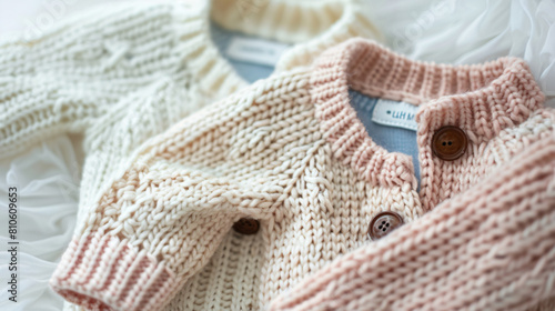Stylish baby sweaters on light background 