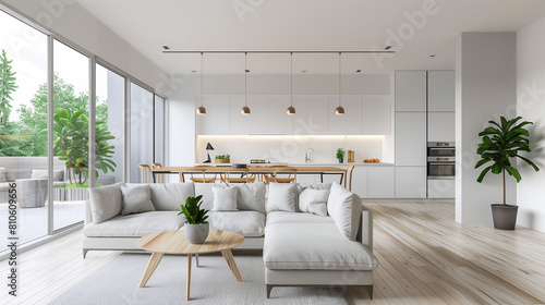 living room interior. Sleek and Stylish  3D Render of Modern House Interior  Including Living Room  Dining Room  and Kitchen in a Beautiful Panoramic View - Perfect for Architectural Visualization