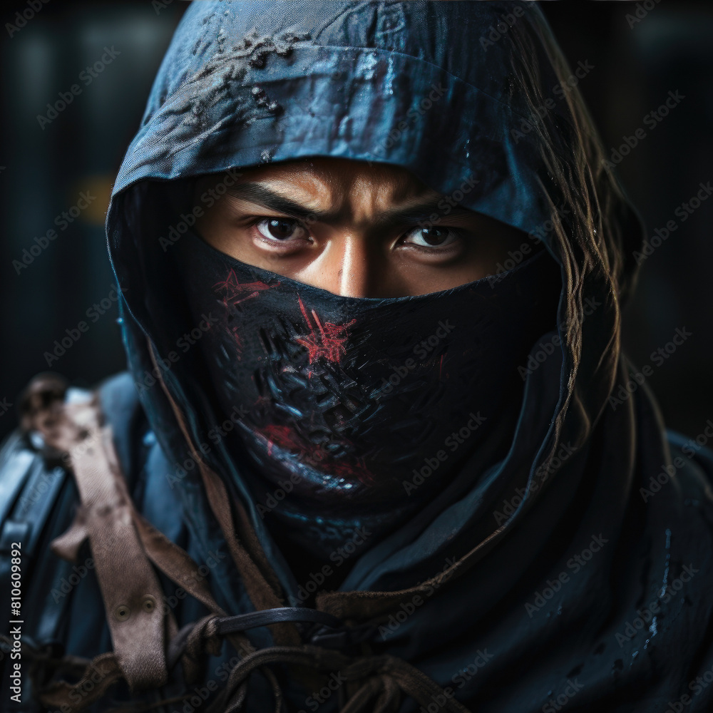 close-up portrait ninja black darkness