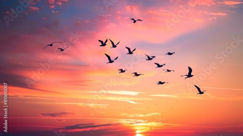 A flock of migratory birds flying in formation across a vivid sunset sky, showcasing the beauty of seasonal journeys. photo