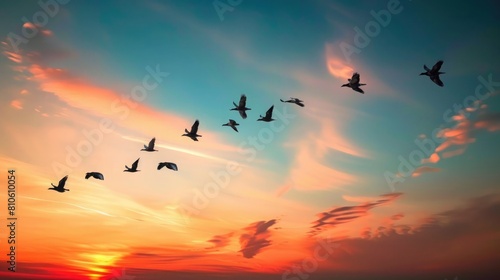 A flock of migratory birds flying in formation across a vivid sunset sky, showcasing the beauty of seasonal journeys. © Ibraheem