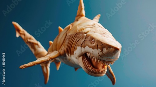 A fierce shark sculpted using dried apricots and cashews against a deep sea blue backdrop.