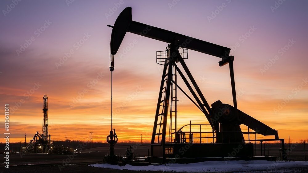 Oil and gas technology. Pumpjacks On Sunrise. Silhouette of oil pump jack on rig. Oil drilling company growth. Financial and commodity markets. oil and gas industry, technology, oil and gas.