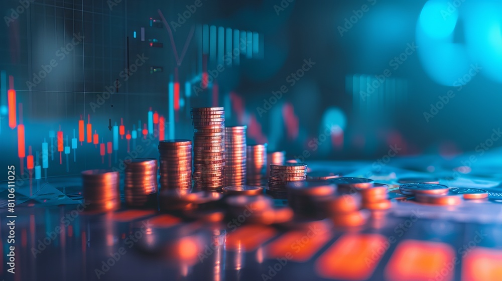 Financial growth concept with increasing coin stacks and upward trending graph, representing investment success and economic prosperity on a vibrant blue background Financial growth concept with increasing coin stacks and upward trending graph, representing investment success and economic prosperity on a vibrant blue background