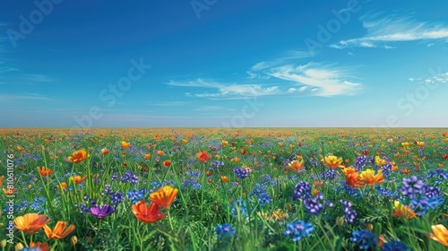 A field of vibrant wildflowers stretching towards a distant horizon under a clear blue sky.