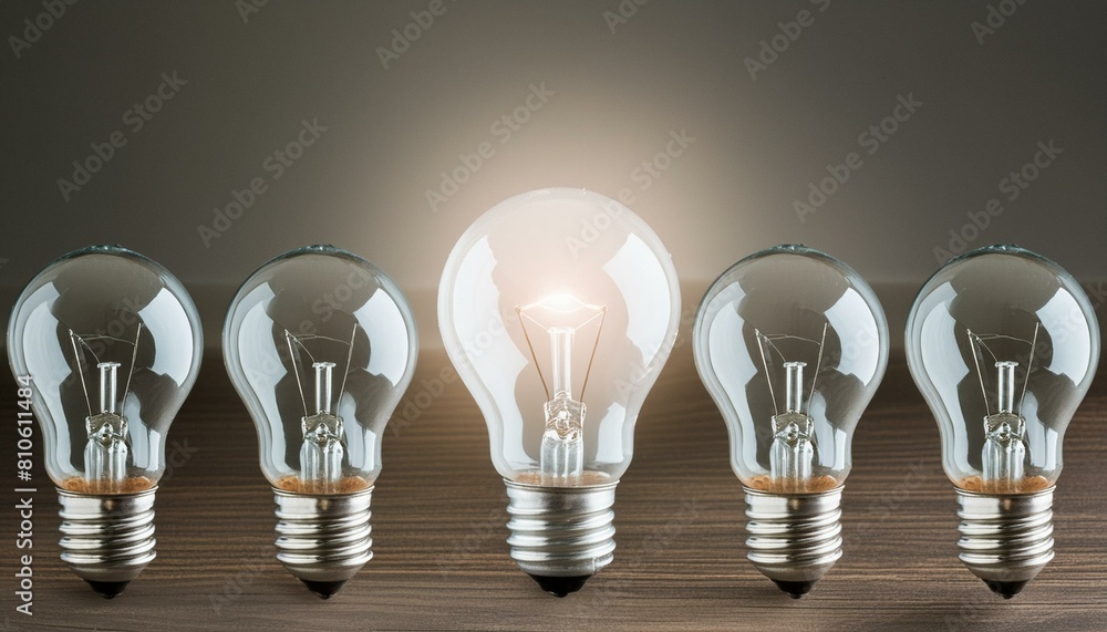 One glowing light bulb standing out from the unlit bulbs. One glowing light bulb standing out from the unlit bulbs.