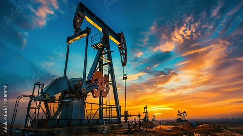 Oil and gas technology. Pumpjacks On Sunrise. Silhouette of oil pump jack on rig. Oil drilling company growth. Financial and commodity markets. oil and gas industry, technology, oil and gas. photo