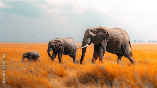 A family of elephants walking majestically across a vast savanna, emphasizing the importance of wildlife conservation. © Ibraheem