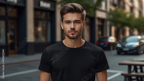 Young Model Shirt Mockup  Boy Wearing Black T-Shirt in Daylight.