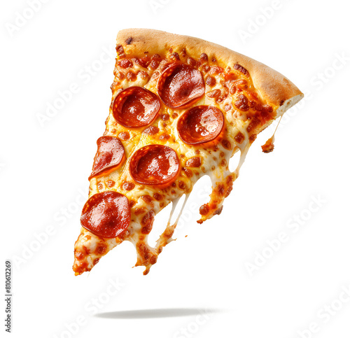 Template with delicious tasty slice of pepperoni pizza flying