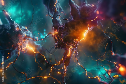 an intricate network of neurons with a multi-colored bioluminescent glow, pulsating synaptic activity within a dark void photo