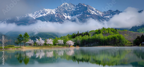 The cherry blossoms are in full bloom among the mountains.High quality photo photo